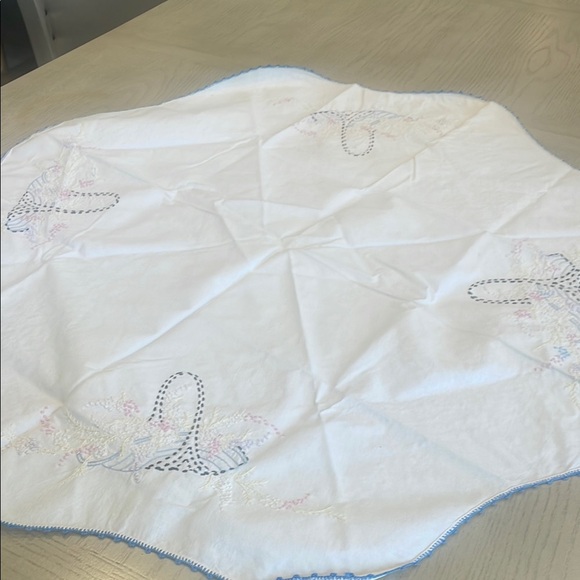 Embroidered White doily with Blue Trim basket of flowers pattern - Picture 1 of 3